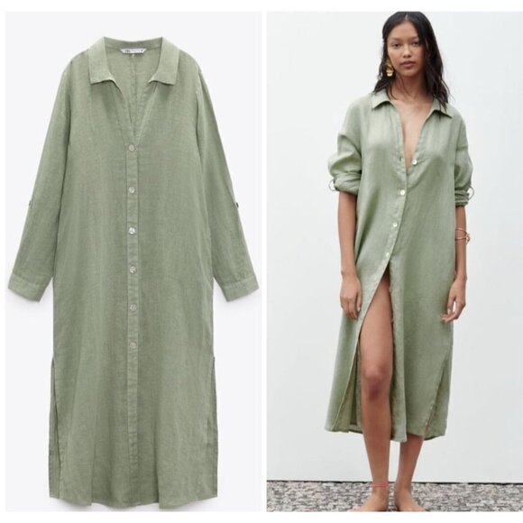 Zara 100% Linen Shirt Dress Long Sleeve Khaki Green Button Front - Picture 2 of 16